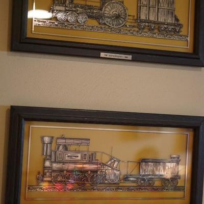 Franklin Mint Sterling Railroad shadow box framed cut outs of locomotives. 
