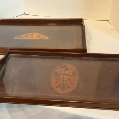 2 Vintage Wood Serving Trays With Glass Top.