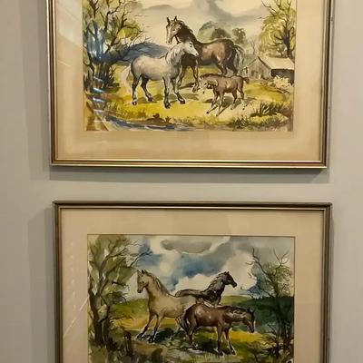 2 Signed Watercolors Of Horses by Waldron