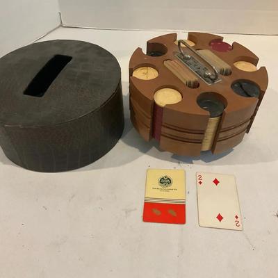 Vintage Wooden Poker Chip Carousel With Poker Chips & Cards