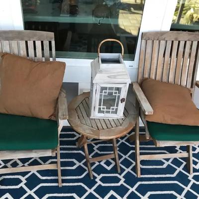 Pair Of Teak Fold Up Chairs And Side Table