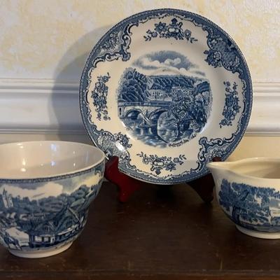 Wedgewood Blue Creamer “Romantic England”, Johnson Bros Plate &Jumbo Teacup “Old Britain Castles”, 