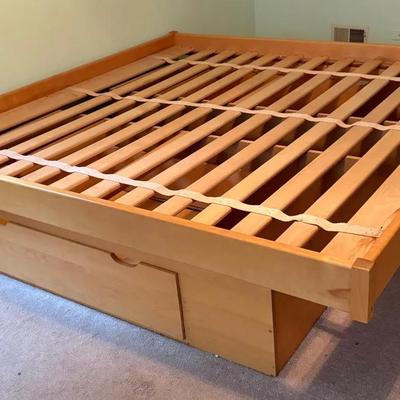 King Size Danish Modern Teak Platform Bed Frame w/2 Large Drawers