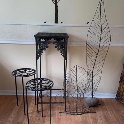 3 Wrought Iron Plant Stands, Steel Decorative Leaf Décor