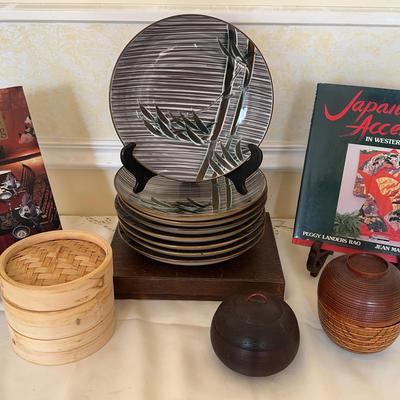 8 Handcrafted Japanese Stoneware,Bamboo Steamer, 2 Books on Japan, 2 Japanese Bowl/lids