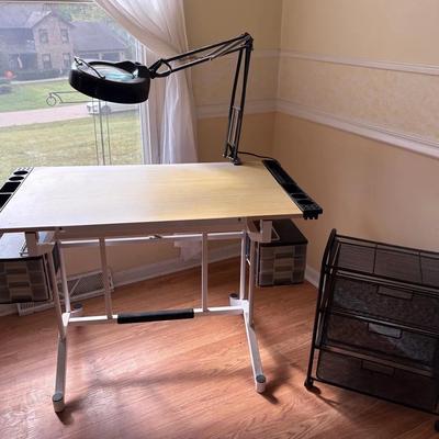 Adjustable Drawing/Drafting Desk w/3X Fluorescent Magnifying Lamp & Multipurpose Rolling Cart