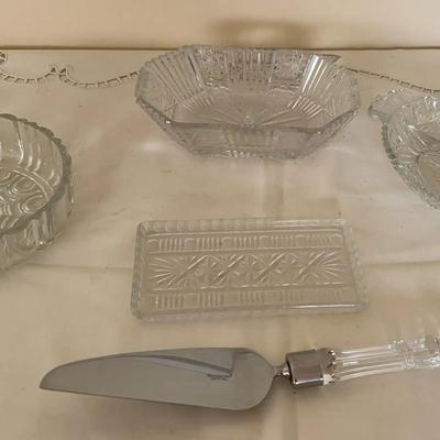 Waterford Crystal Cake/Pie Server, 3 Crystal Bowls , 1 Crystal Trinket Tray