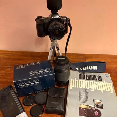 Canon EOS Rebel II 35mm SLR Film Camera w/Flash, Quantaray Zoom Lense, Book & Stand
