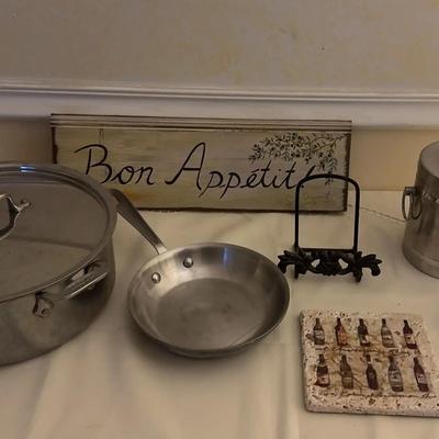 All-Clad 4quart Stainess Steel Pan, All-Clad 7.5” Stainless Steel Fry Pan, 4 Kitchen Decor Pieces