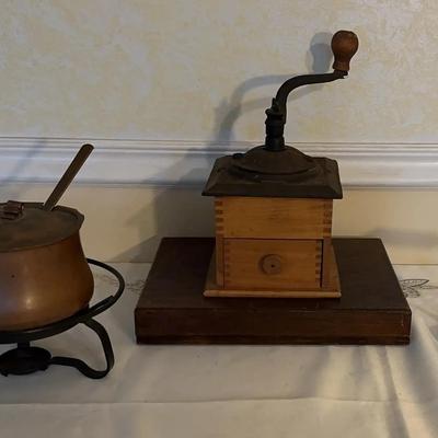 Antique Wood Dove Tailed Coffee Grinder,Antique Cast Iron #7 Sad Iron,  Antique Copper Fondue Pot
