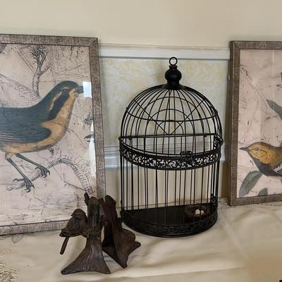 Metal Decorative Bird Cage, 2 Bird Frames Pictures, Case Iron Bird Bookends