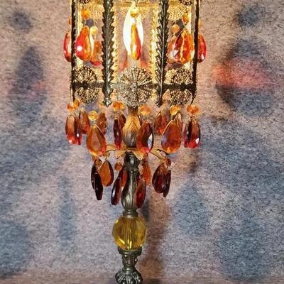Vintage Brass & Amber Glass Pendant Filligree Shade Lamp 