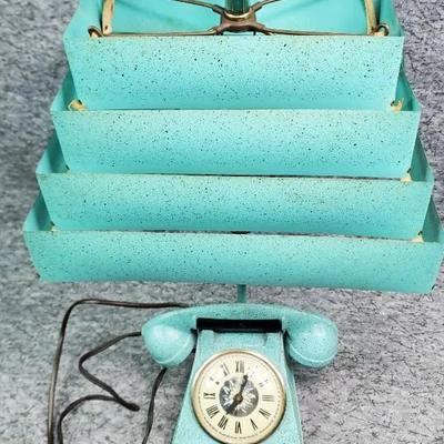 Turquoise MCM Art Deco Clock Lamp Shaped Like Phone