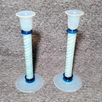 Fry Foval Opalescent Art Glass Candlesticks Pair