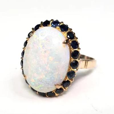 18K Gold Opal and Blue Stone Cocktail Ring Sz 8.75