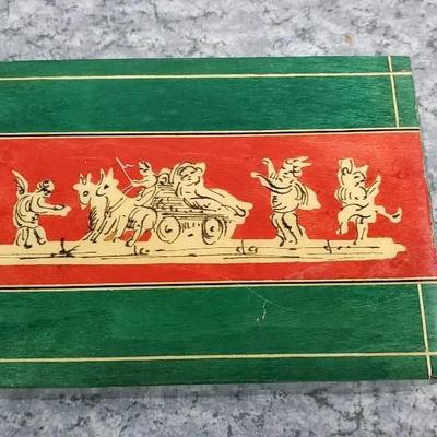 Vintage Trinket Box: "Cherubs with Chariot" Marquetry Pen Ink Art 