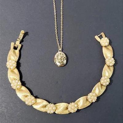 Pearl & Goldtone Bracelet and Locket 