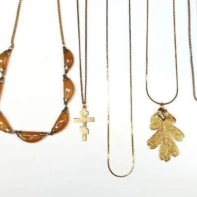 Goldtone Necklaces: Chains, Leaf Charm, Stones