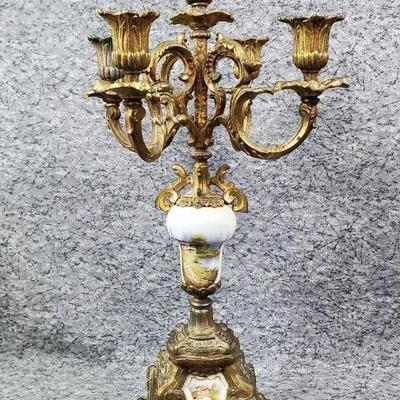 Antique Brass and Ceramic French 5 Arm Candelabra