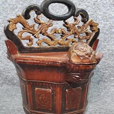 Antique Asian Wooden Rice Bucket: Dragon Motif Scrollwork
