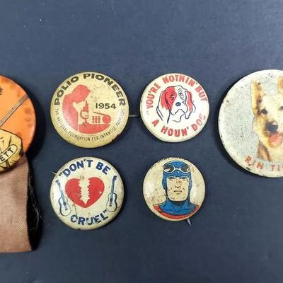 Vintage Collector's Novelty Pins: Captain Midnight, Davey Crockett and Others
