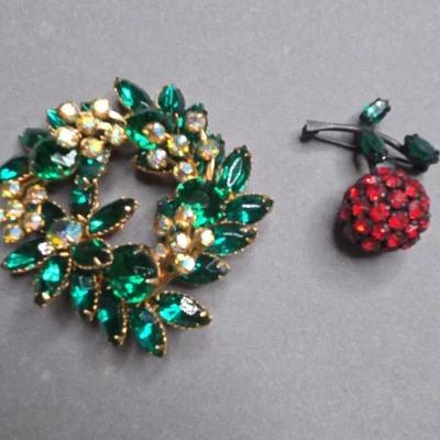 Green Gold Flower Wreath and  Vintage Cherry Pin