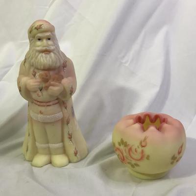 Uranium Glass Santa w/ Cat And Fenton Burmese Rose Bowl