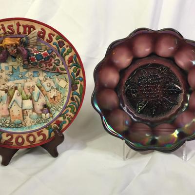 Carnival Glass Plate & 2005 Christmas Plate