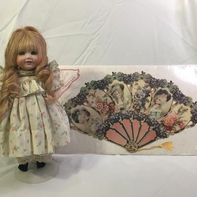 Victorian Fan & Porcelain Doll w/ stand
