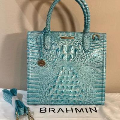 NWT BRAHMIN CAROLINE DUSTY BLUE MELBOURNE CROCO EMBOS LEATHER SATCHEL BAG