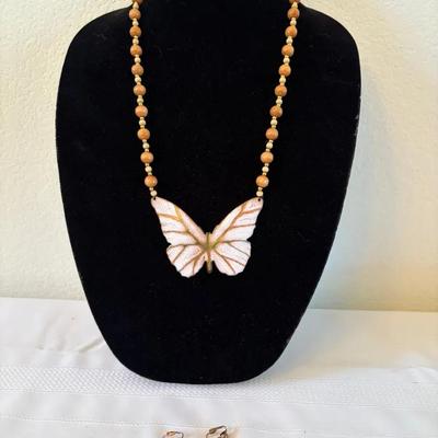 Enameled Butterfly & Earrings