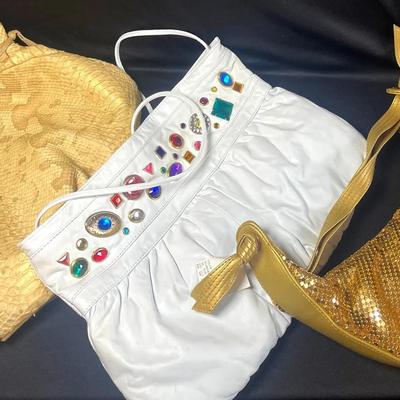 Marco Buggiani Italian Bag, Vanna White Leather Gem Purse, Gold Metal Crescent Purse 