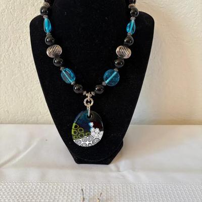 Blue And Black Glass Pendant Necklace