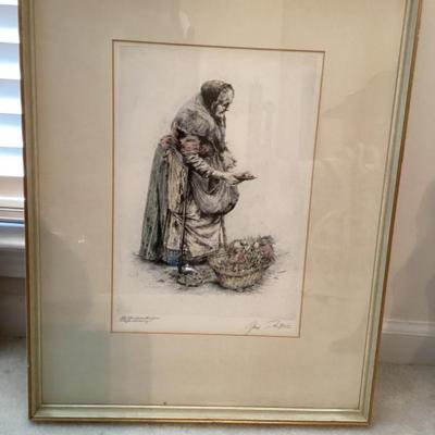 Wall art framed etching by paul geisser titled vegetable woman signed