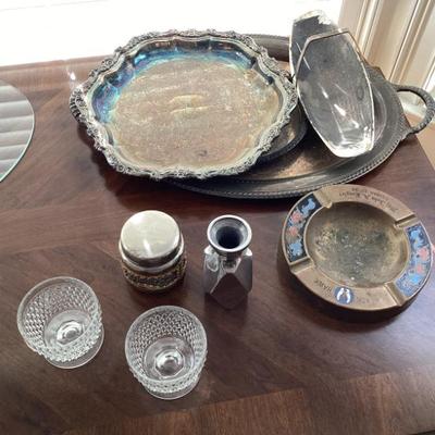 Serving trays small crystal glasses, ashtray