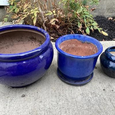 Set of Three Blue Ceramic Flower Pots