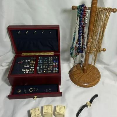 Vintage Costume Jewelry Collection with Avon Pieces, Display Stand & Watch
