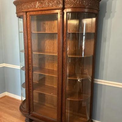 Carved Oak Curio Cabinet with Curved Glass Panels