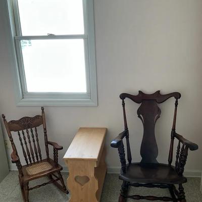 Pair of Wooden Rocking Chairs with Small Heart-Cut Storage Bench