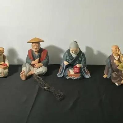 Set of Four Hand-Painted Asian Figurines – Fisherman, Elderly Couple & Family