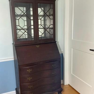 Mahogany Secretary Desk with Hutch and Glass Doors