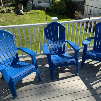 (3) Blue Plastic Adirondack Patio Chairs