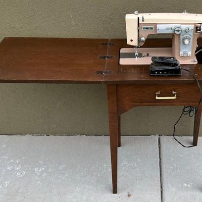 Vintage White Model J-A16 Sewing Machine With Lift Top Sewing Table And Pedal