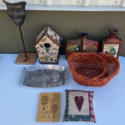 Home Decor - Pottery Bird House, Basket, Metal Tray, Pillow, And More