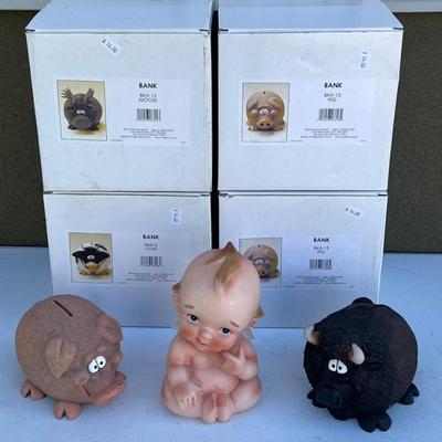 (7) Assorted Coin Banks - Lefton Japan, (4) Resin With Original Boxes