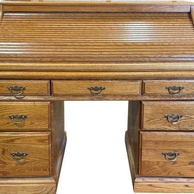 Vintage Solid Oak Roll Top Desk With Brass Pulls