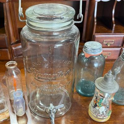 Old Fashion Hampton Glassware Company Lidded 2.5 Gallon Dispenser, Ball Jars, Vintage Bottles