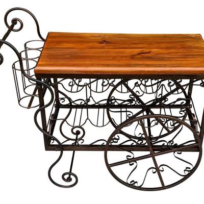 Butcher Block Style Top Drink Cart With Decorative Metal Frame