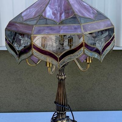 Vintage Tiffany Style 31" Brass Candelabra Table Lamp With Clear And Slag Glass Shade