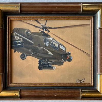 Vintage Signed Shane Apache Helicopter On Canvas